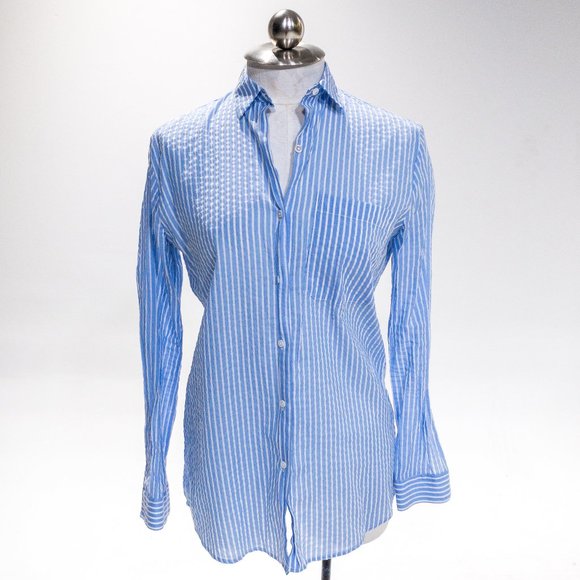 ATM XS / S Summer Seersucker Stripe Button Down Shirt Longsleeve Top July 4th - Picture 4 of 11